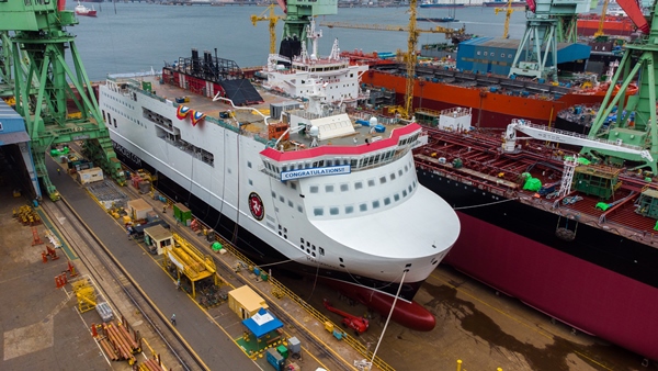 Birdseye view of Manxman vessel in harbour being built