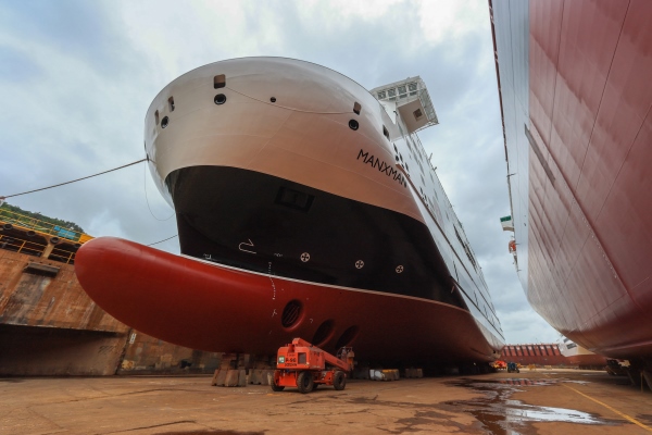 View from below vessel Manxman at harbour getting built