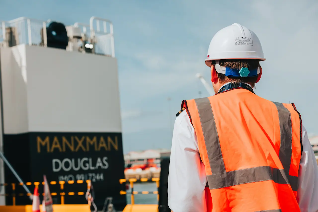 The loading officer watches on the stern door of Manxman at Heysham Port