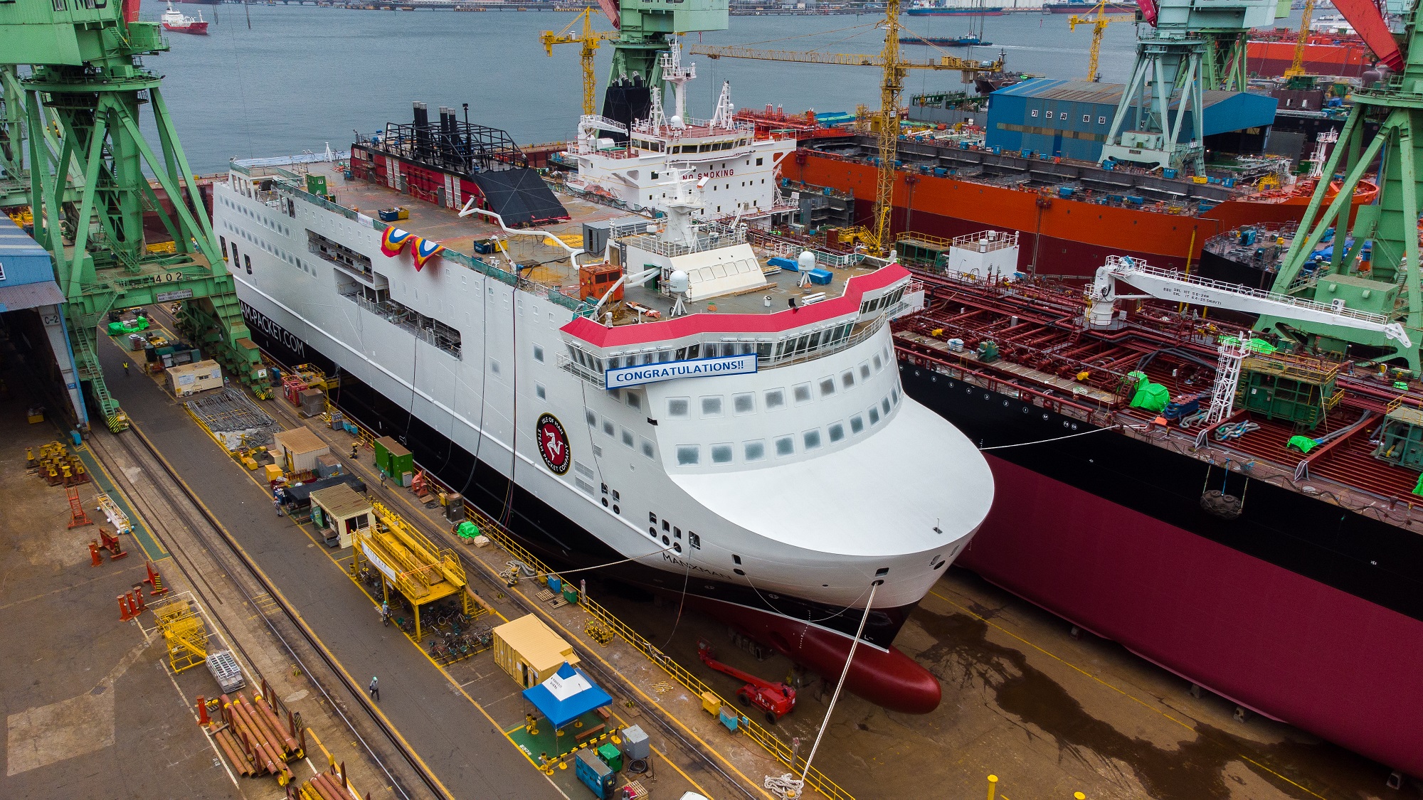 Ferry at ship yard being launched into sea