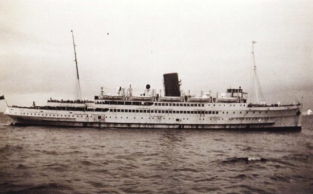 Black and white photo of Steam Packet Company vessel Mona’s Queen at see