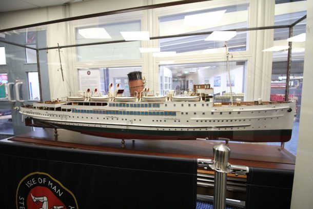 A scale replica of Steam Packet Company vessel Mona’s Queen sitting proudly on display at the Ferry Travel Shop in the Sea Terminal, Douglas